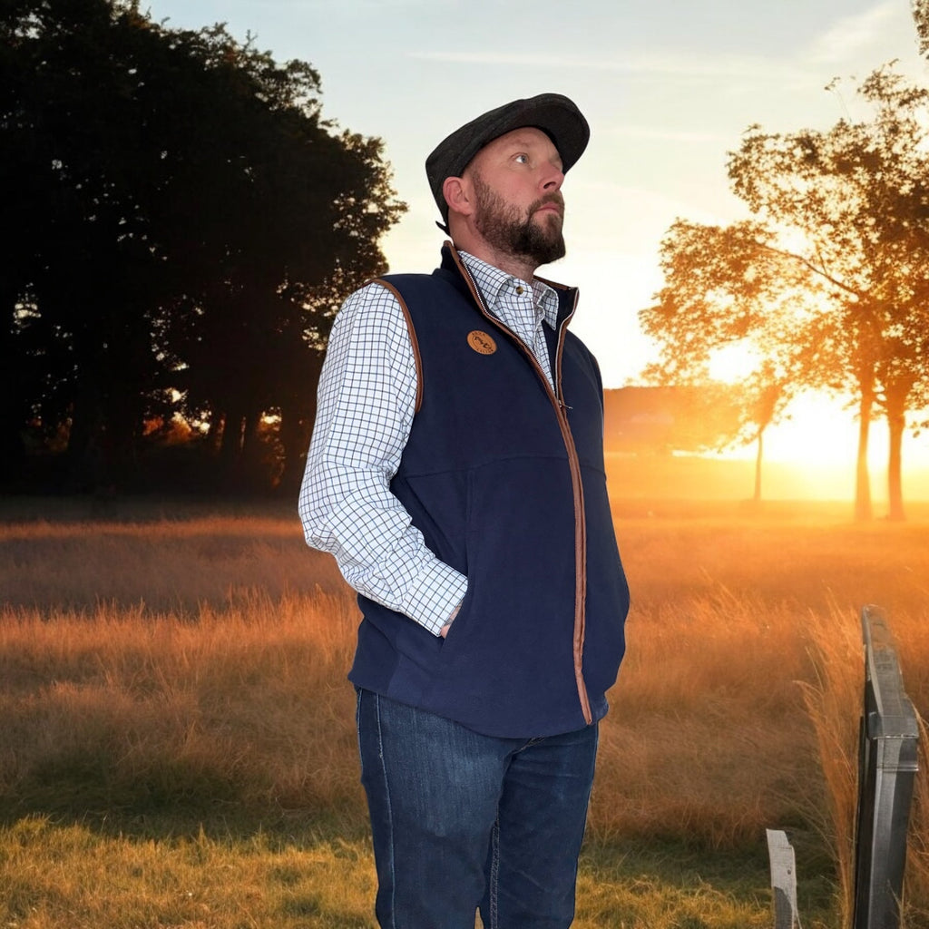 Man standing in a field with sunset in the background on sostter.pro