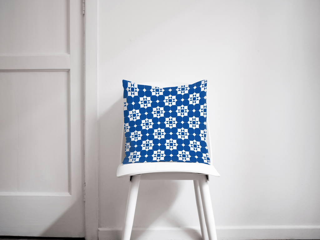 Blue and White Geometric Tiles Throw Pillow Cover