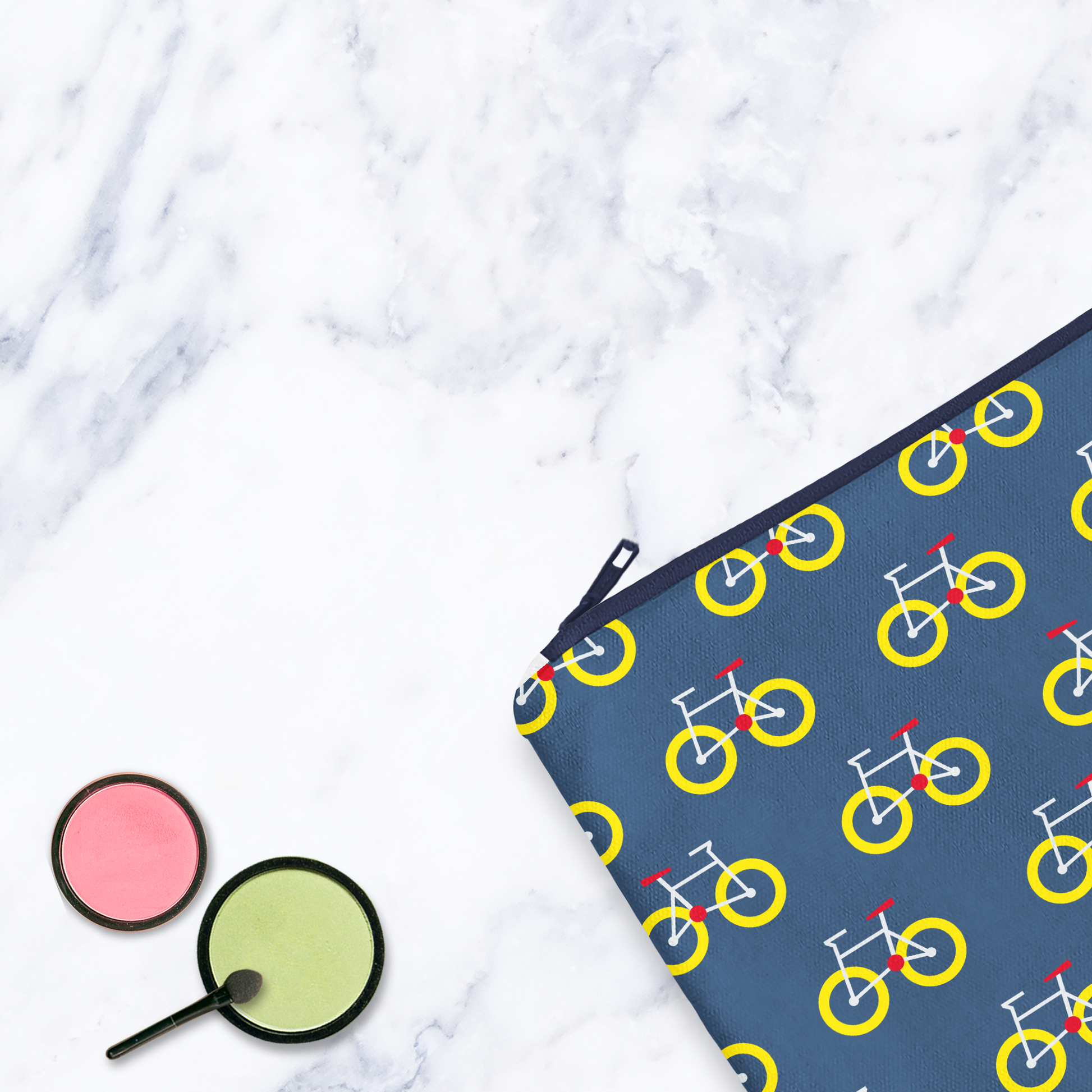 Dark Blue Makeup Bag with Yellow Bicycle Print