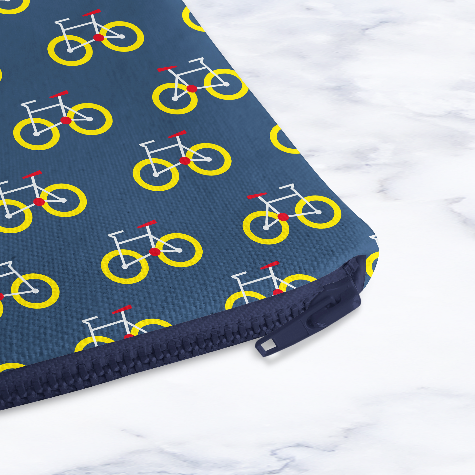 Dark Blue Makeup Bag with Yellow Bicycle Print