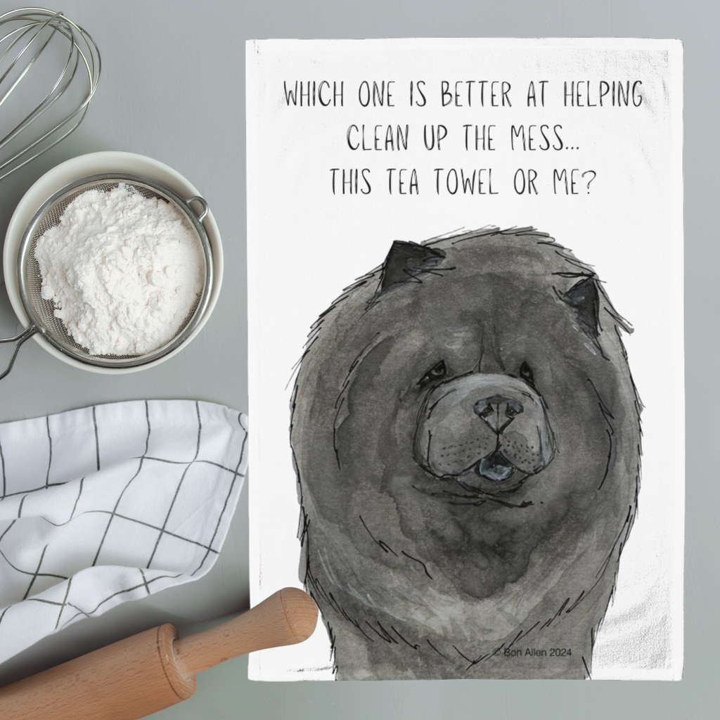Blue Chow Chow Tea Towel with the Aloof Floof Design