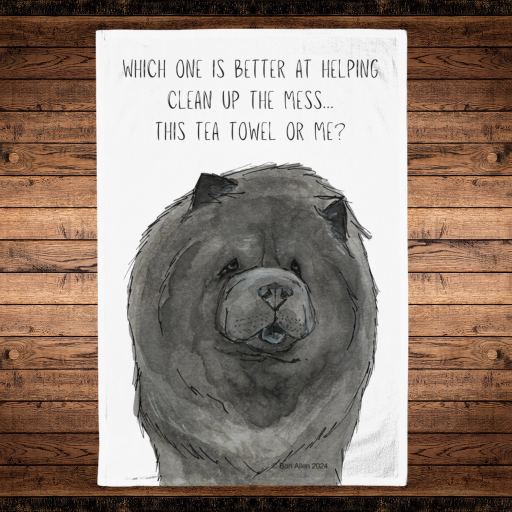 Blue Chow Chow Tea Towel with the Aloof Floof Design