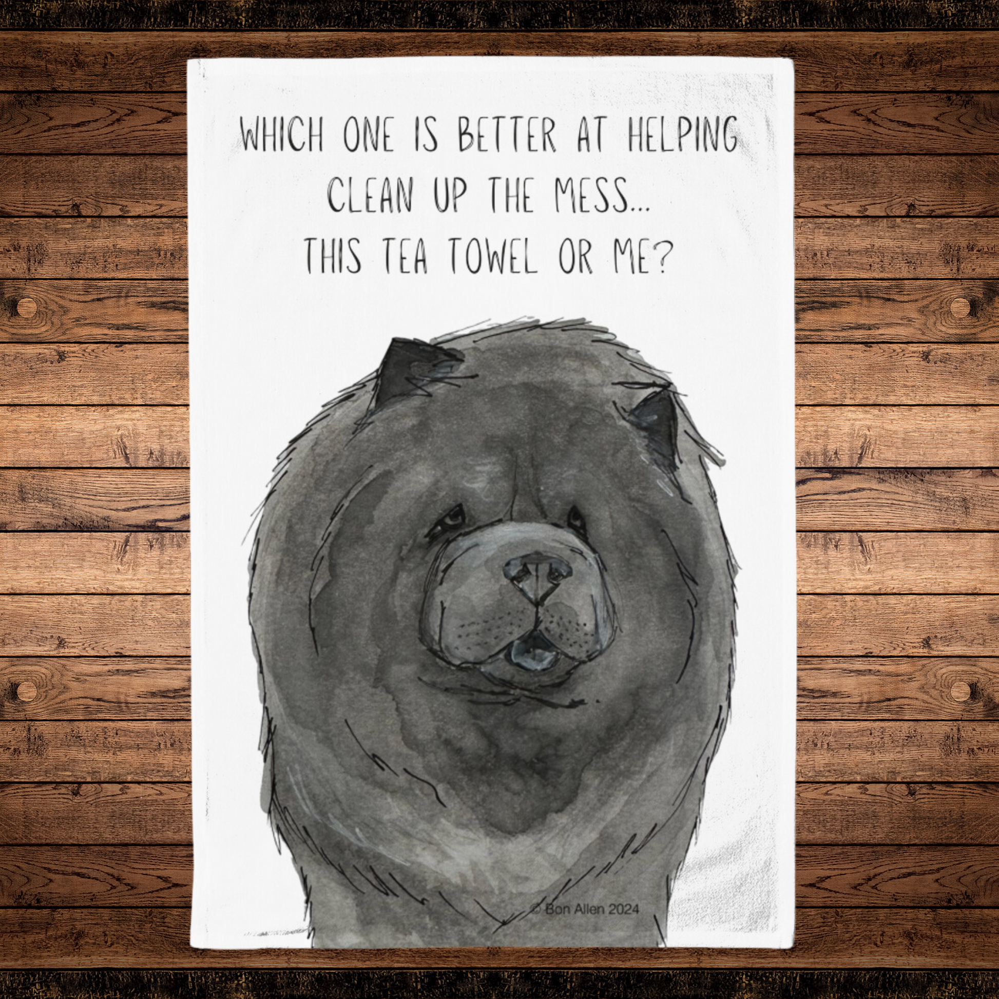 Blue Chow Chow Tea Towel with the Aloof Floof Design