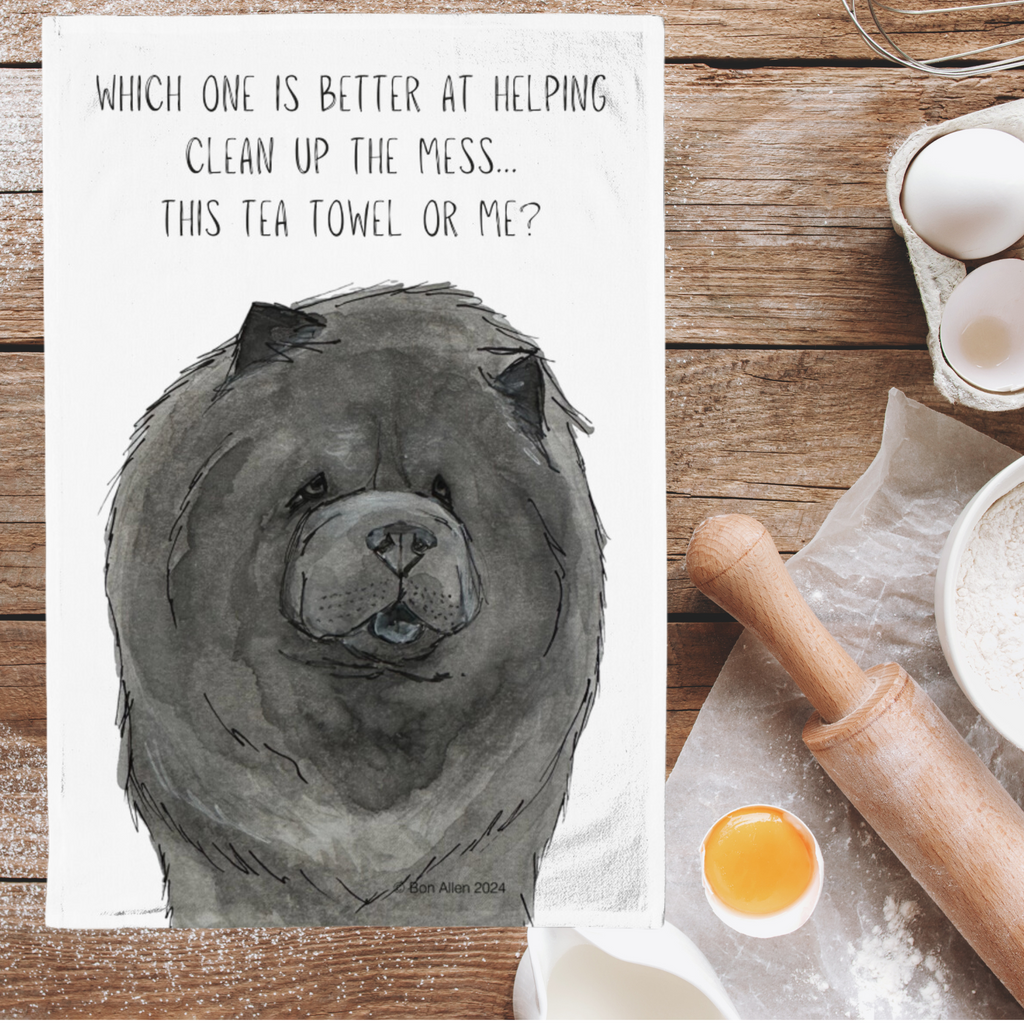 Blue Chow Chow Tea Towel with the Aloof Floof Design