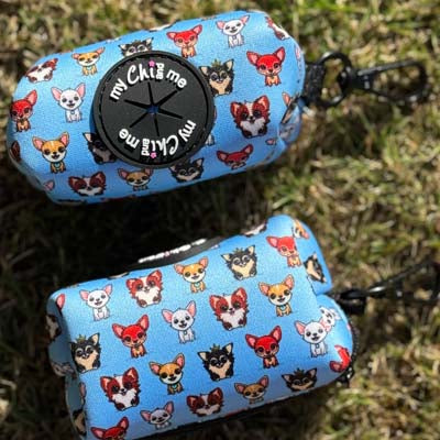 Blue Chihuahua Print Poop Bag Holder with Matching Clip