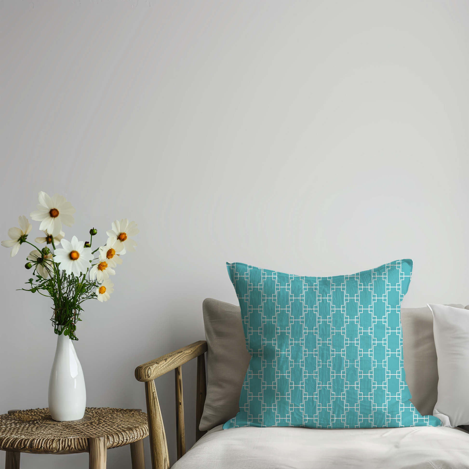 Turquoise and White Geometric Cushion Cover in Cotton