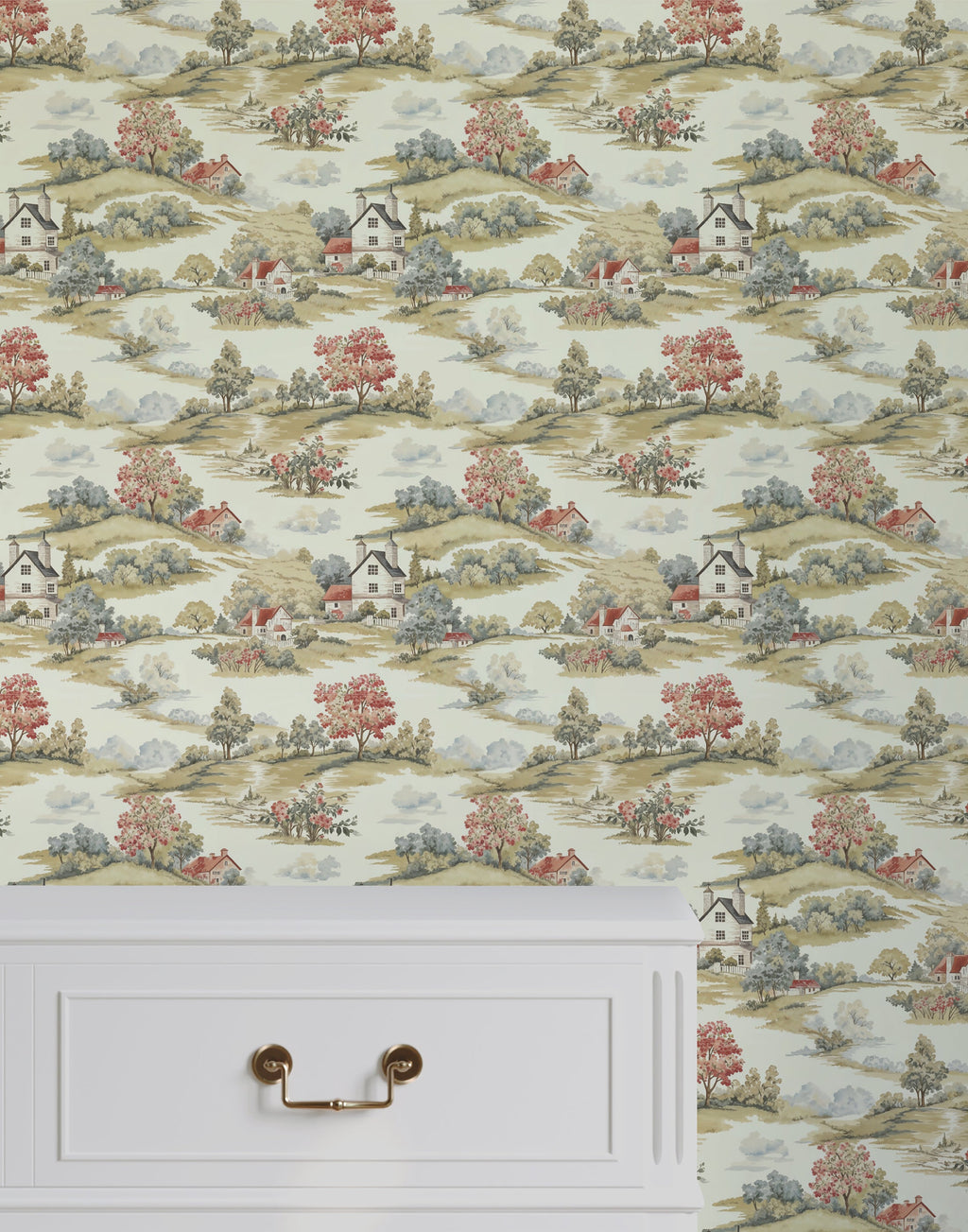 Country Barn and Hill Repeat Pattern Wallpaper