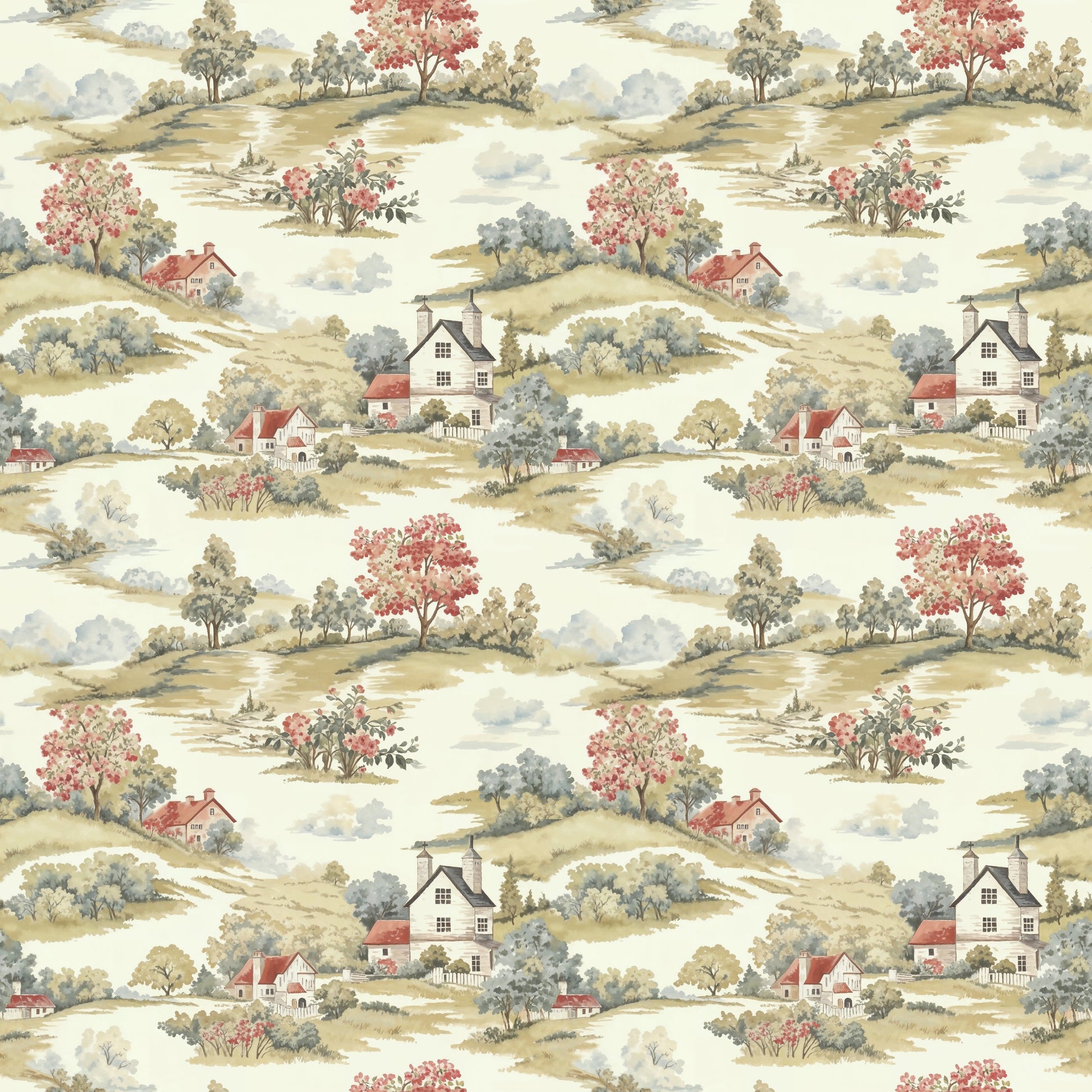 Country Barn and Hill Repeat Pattern Wallpaper