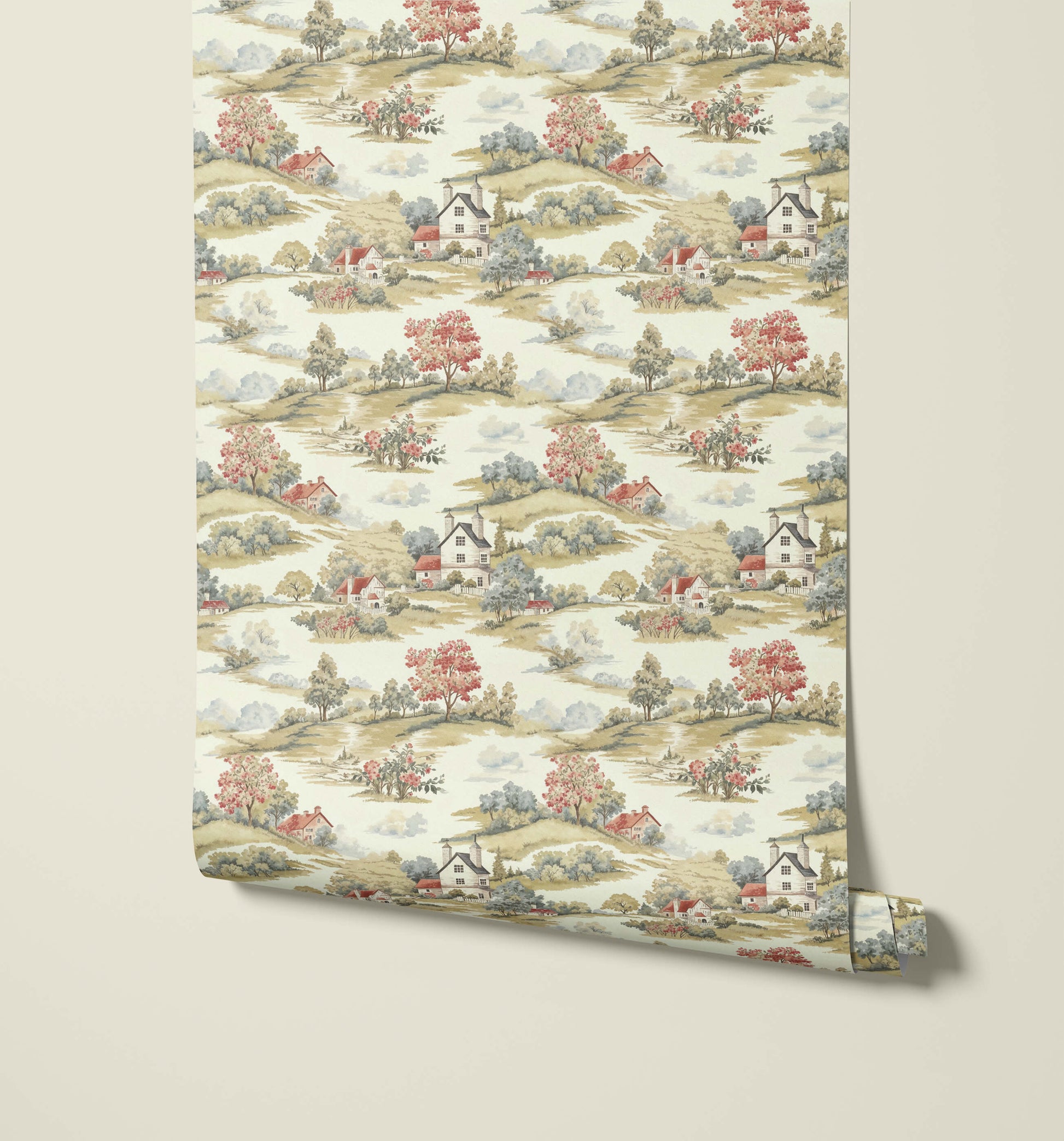 Country Barn and Hill Repeat Pattern Wallpaper