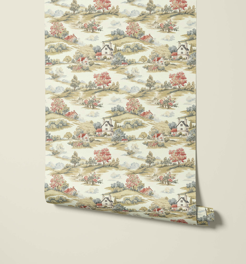 Country Barn and Hill Repeat Pattern Wallpaper
