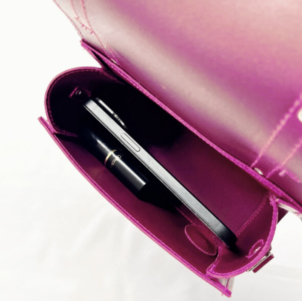 Handmade Leather Bowler Bag in Magenta