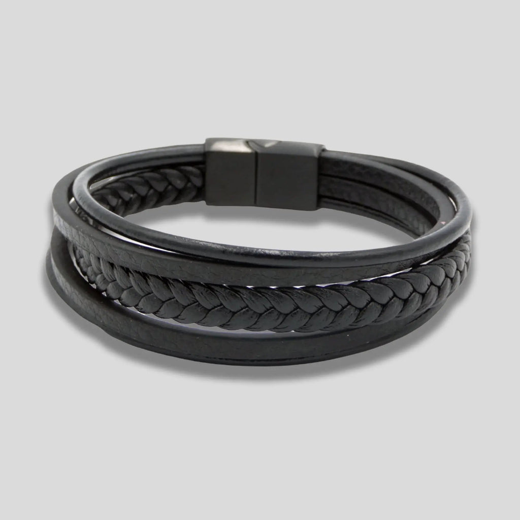 Braided Leather Bracelet in Black with Brushed Steel Clasp