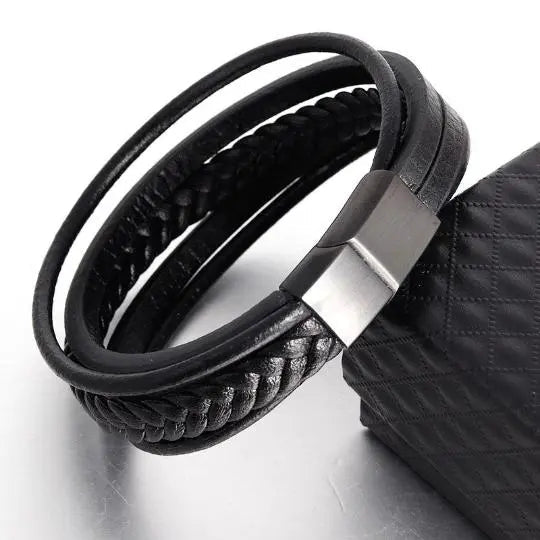 Braided Leather Bracelet in Black with Brushed Steel Clasp