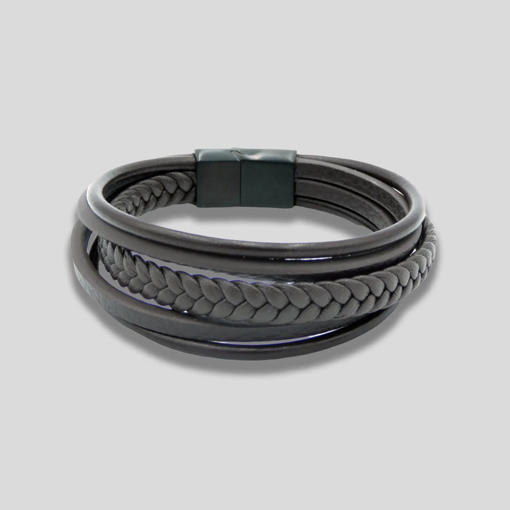 Brown Braided Leather Bracelet with Brushed Black Steel Clasp