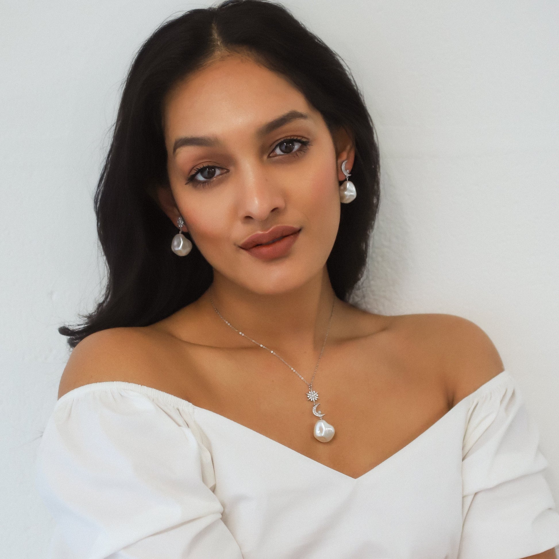 Pearl Drop Earrings in Sterling Silver with Moon and Star Studs