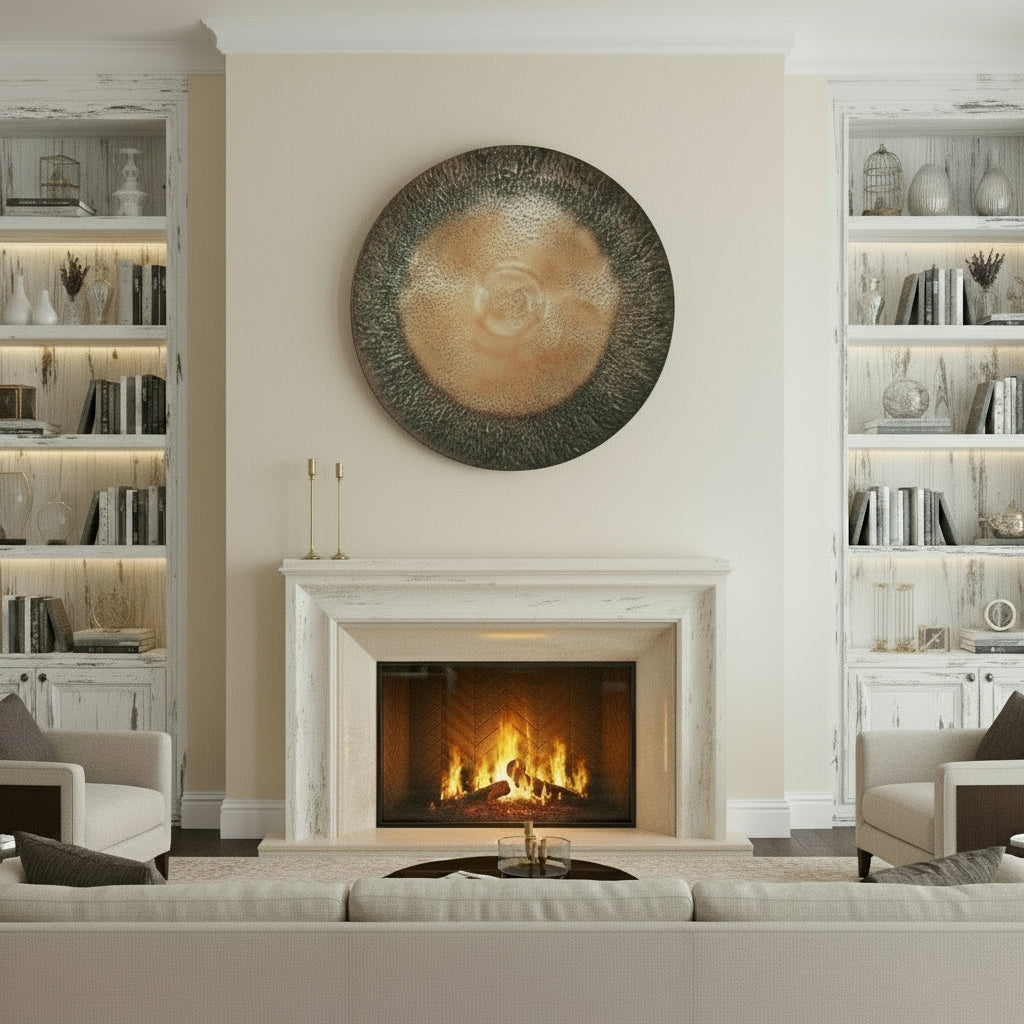 Oversized bronze circular wall plate with intricate detailing, 90cm diameter, modern metallic decor from Zine collection by sostter at brixbailey.com