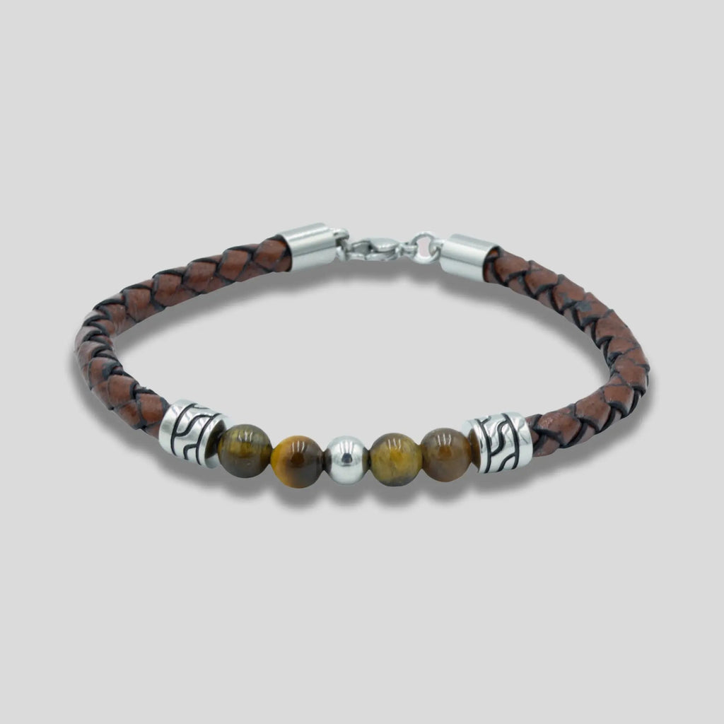 Brown Leather Tiger Eye Bead Bracelet for Men