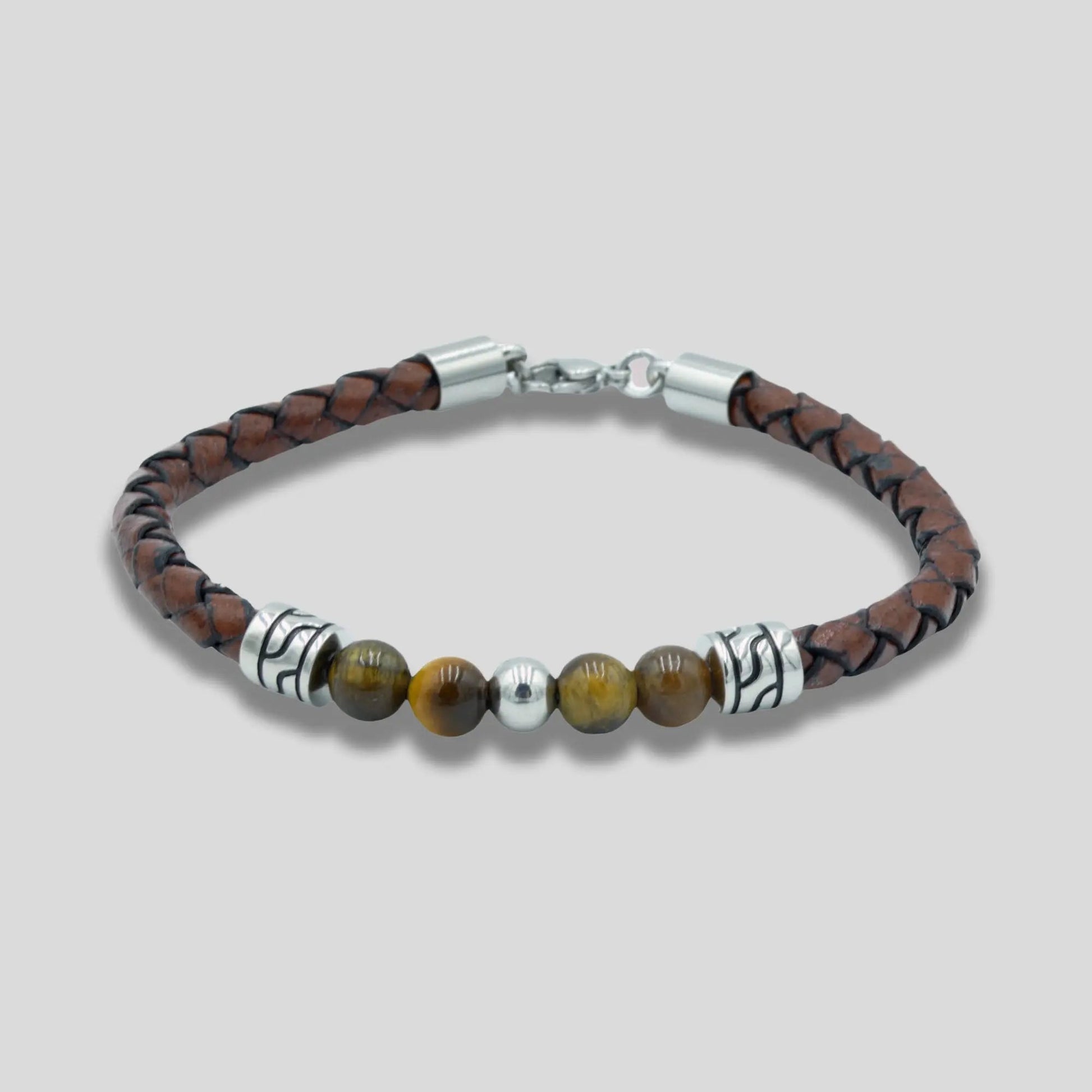 Brown Leather Tiger Eye Bead Bracelet for Men
