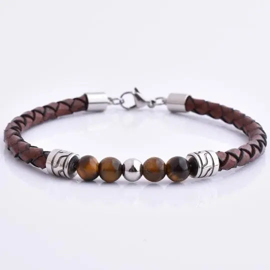 Brown Leather Tiger Eye Bead Bracelet for Men