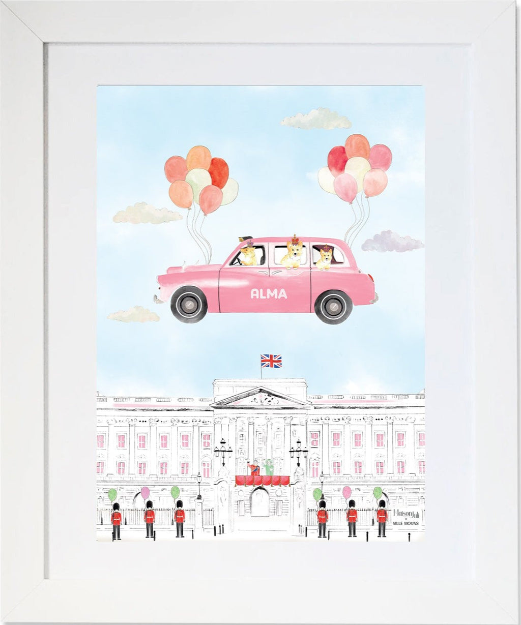 Flying Pink Black Cab of London Framed Print