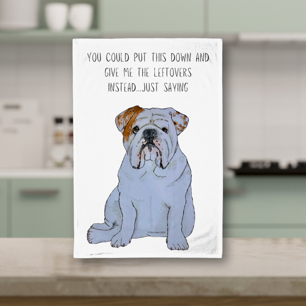 Bulldog Tea Towel with Cheeky Leftovers Slogan