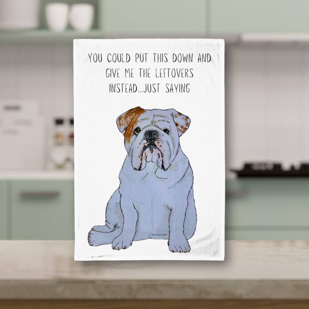 Bulldog Tea Towel with Cheeky Leftovers Slogan