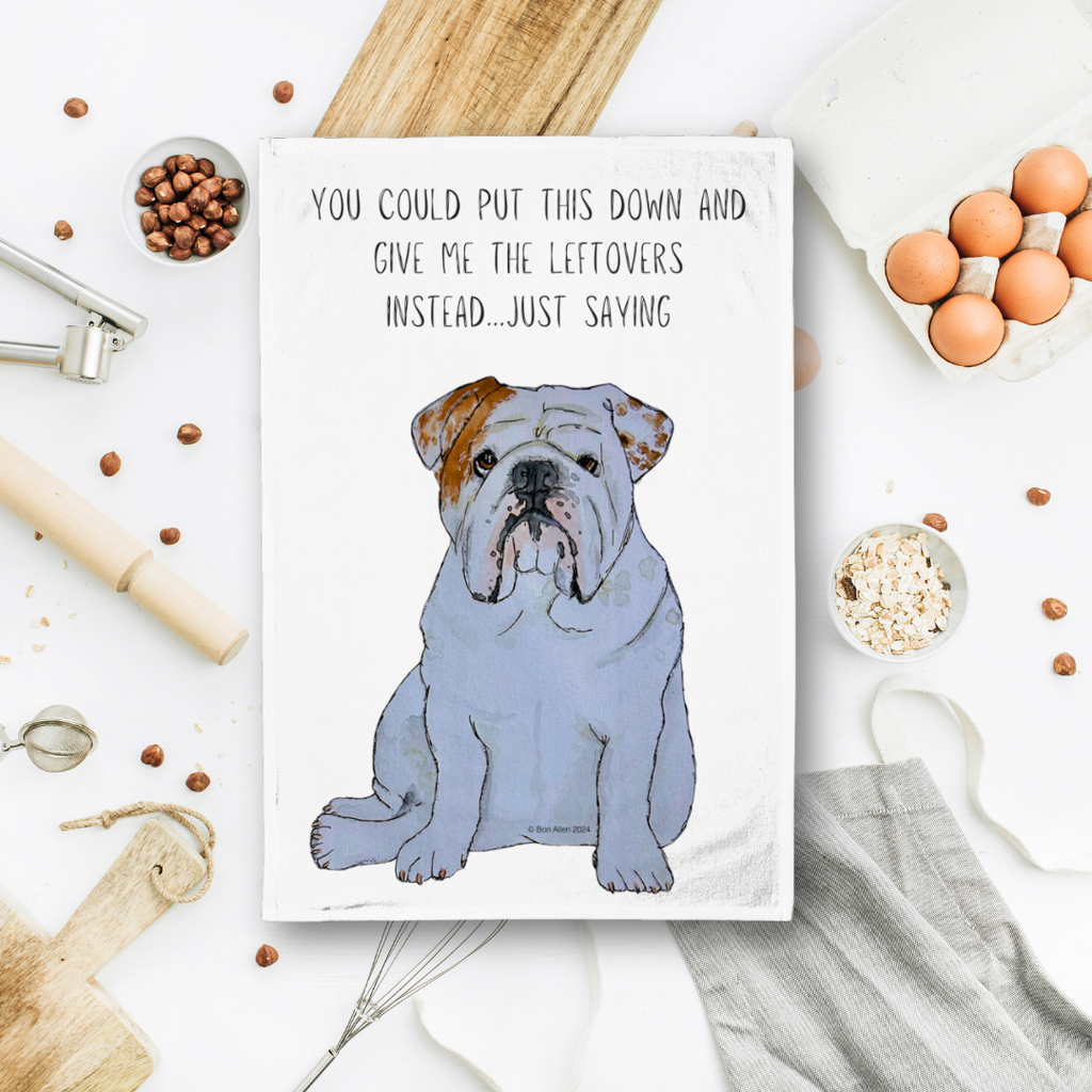 Bulldog Tea Towel with Cheeky Leftovers Slogan