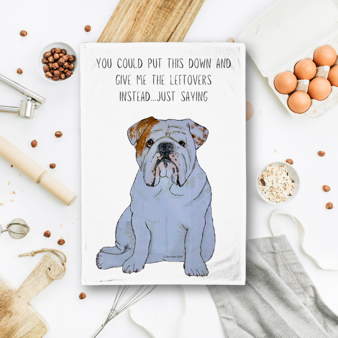 Bulldog Tea Towel with Cheeky Leftovers Slogan