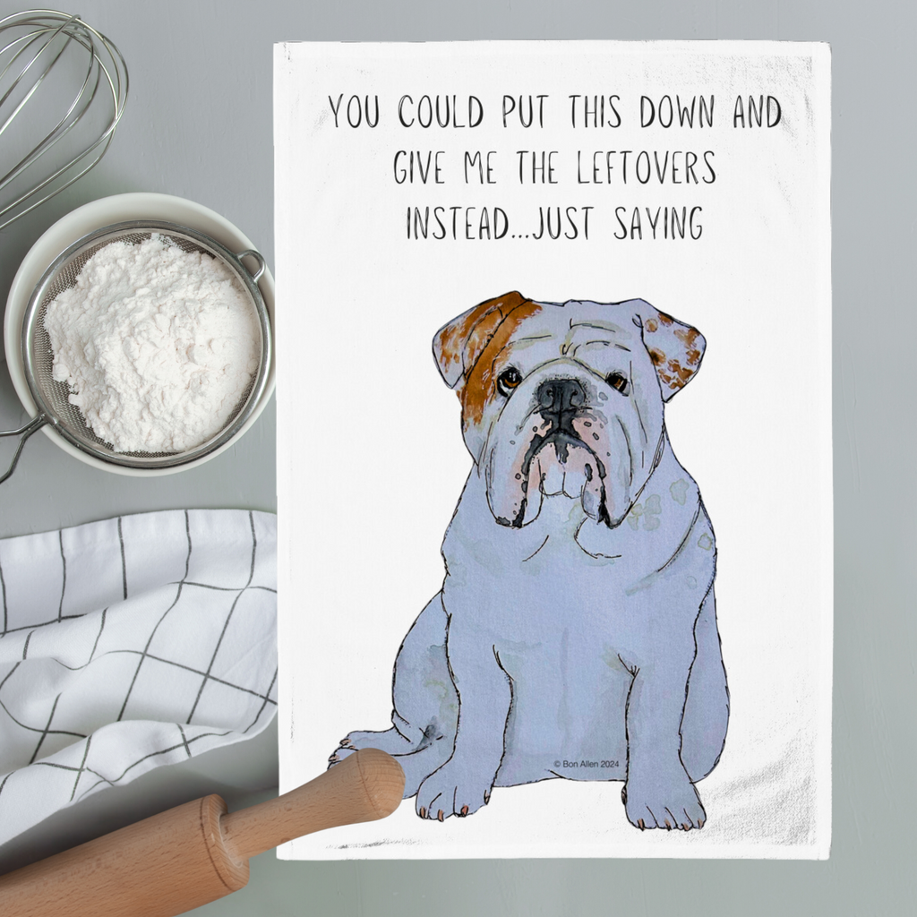 Bulldog Tea Towel with Cheeky Leftovers Slogan