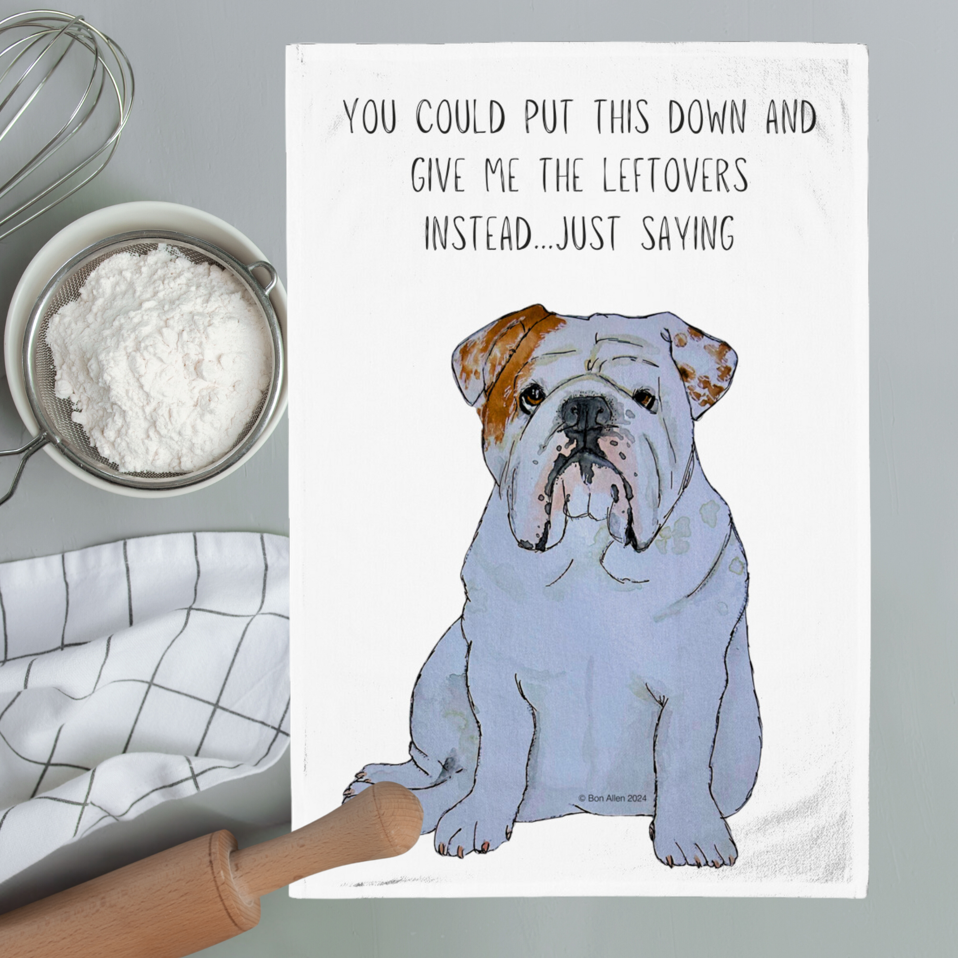 Bulldog Tea Towel with Cheeky Leftovers Slogan