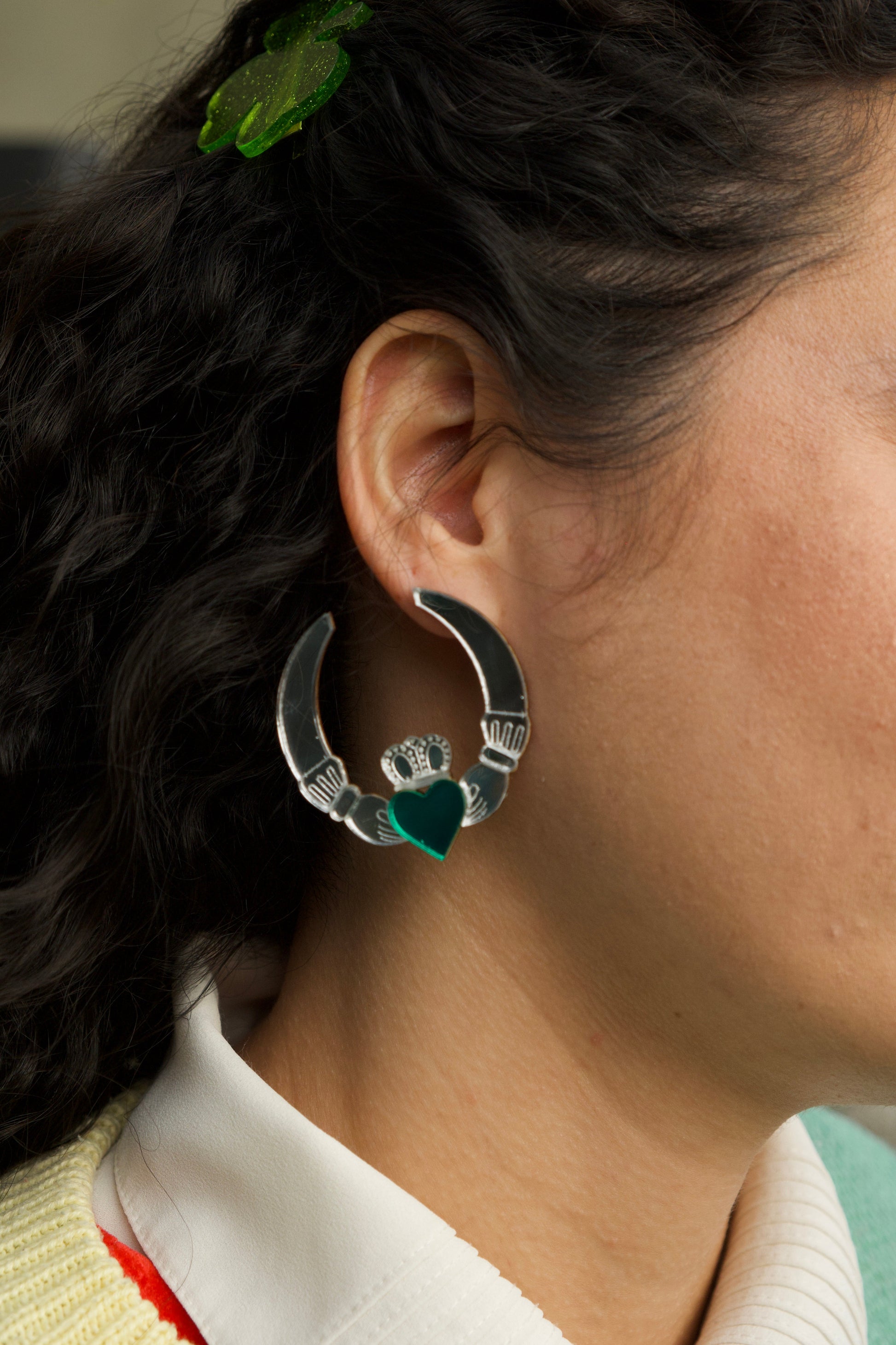 Claddagh Ring Earrings in Silver and Emerald or Gold and Pink