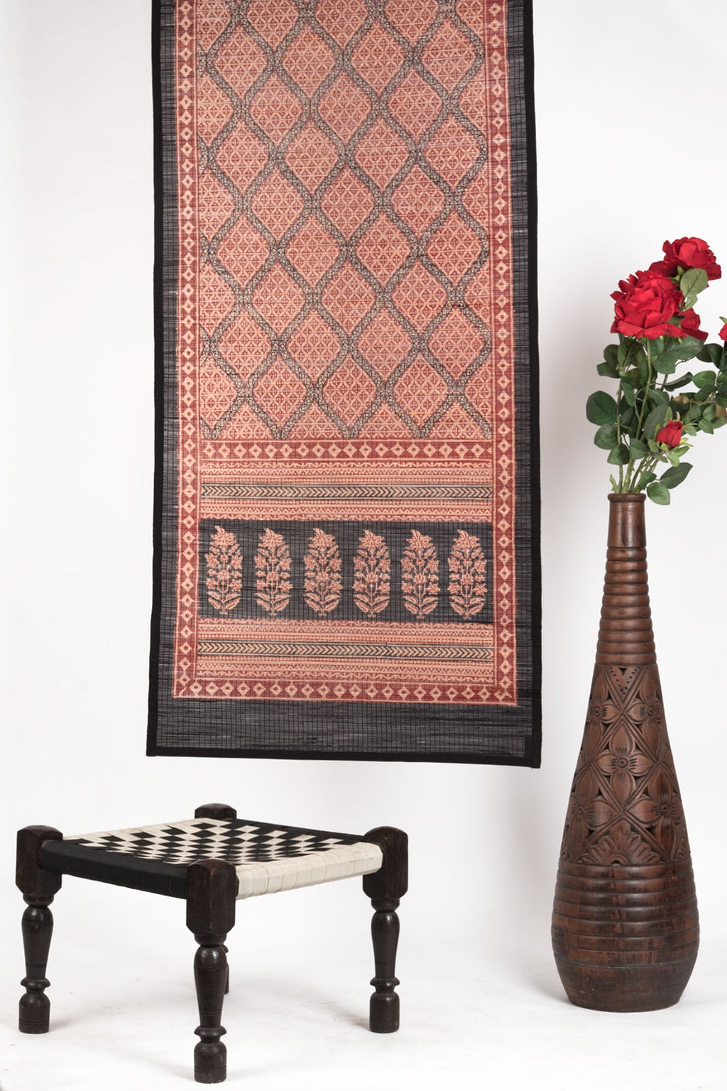 Diamond Hand Block Print Bamboo Wall Hanging in Red and Black