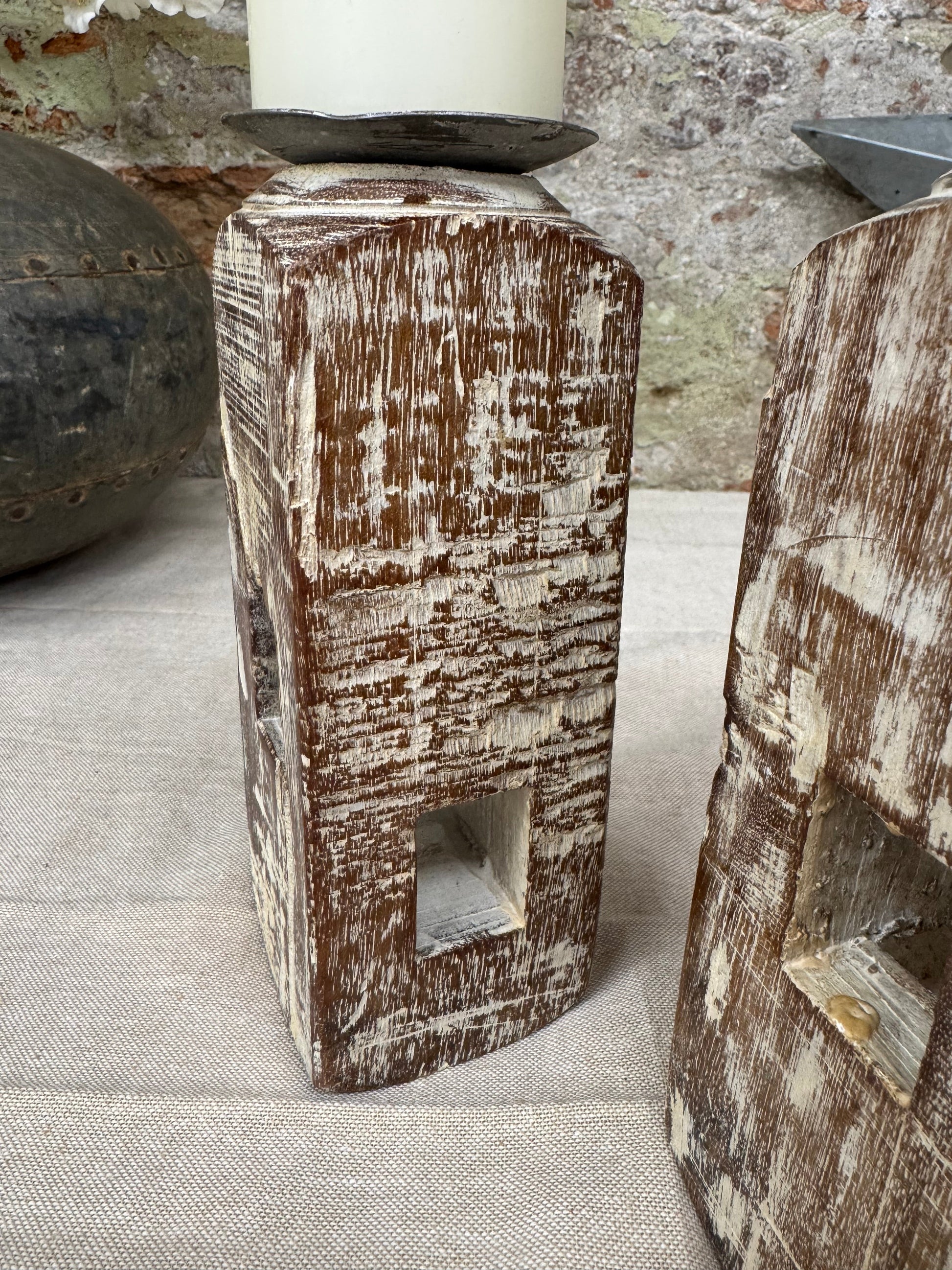 Pair of Rustic Wooden Candle Holders Large Church Candlesticks