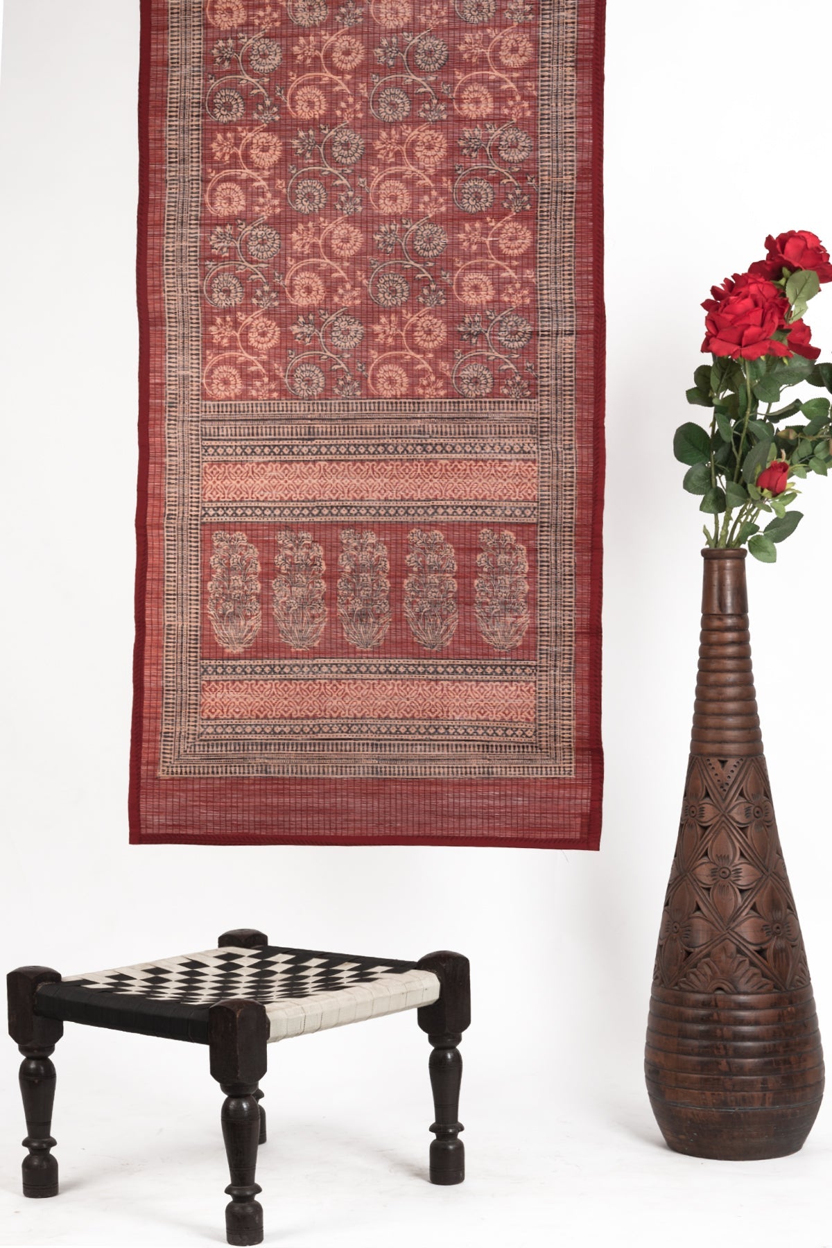 Red Floral Vine Hand Block Print Bamboo Wall Hanging