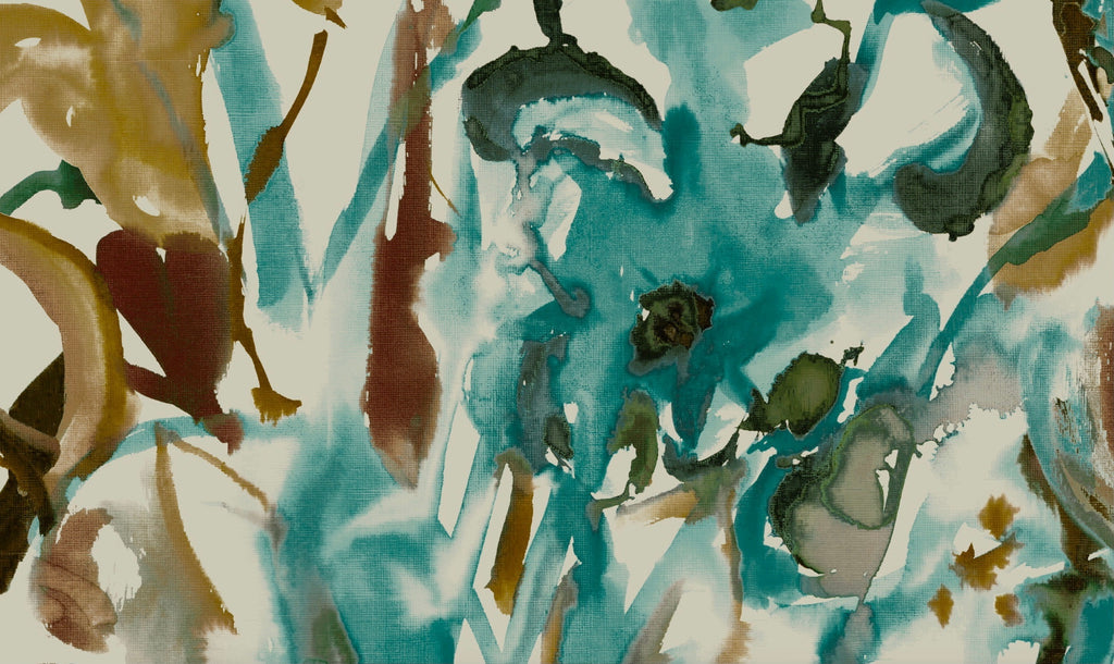 Watercolour Floral Wallpaper in Teal and Ochre