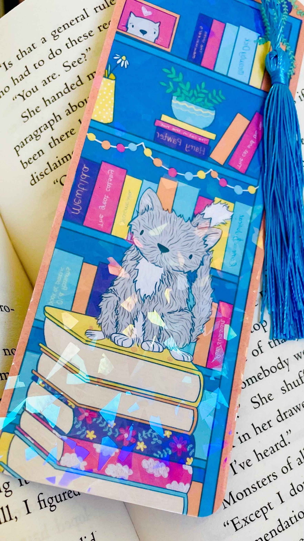 Handmade Holographic Cat Bookmark with Blue Tassel