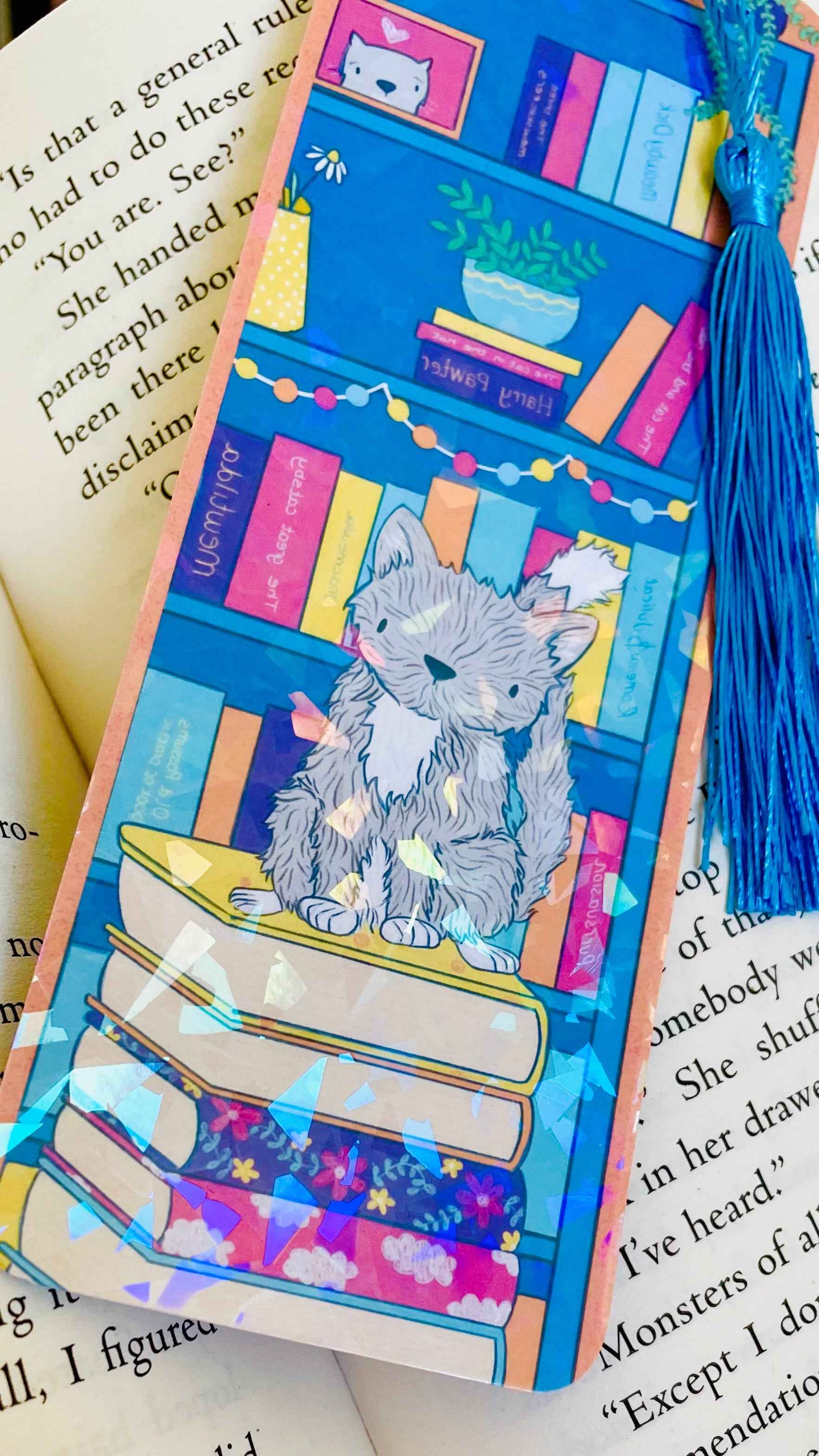 Handmade Holographic Cat Bookmark with Blue Tassel