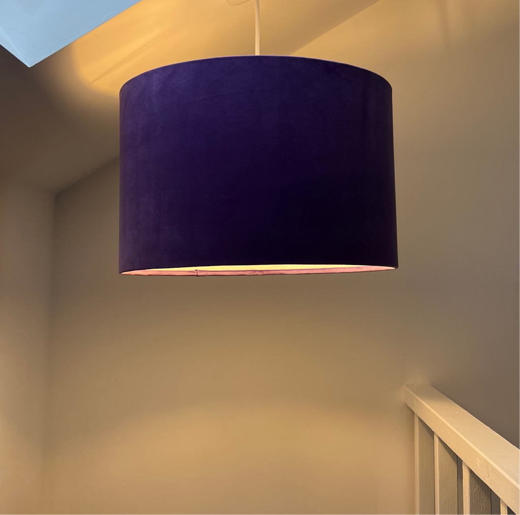 Purple velvet drum lampshade/ ceiling shade with a white lining