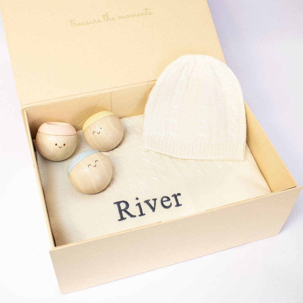 Cable Knit Cashmere Blanket Hat and Sensory Balls Gift Set in Ivory