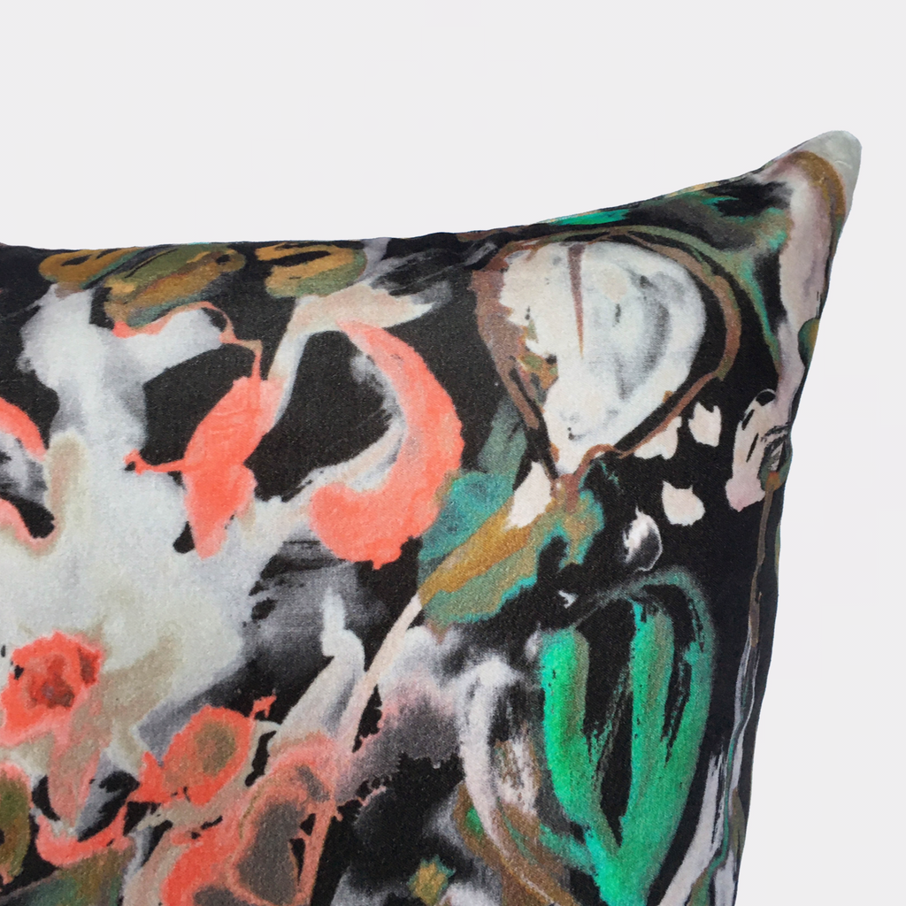 Watercolour Floral Velvet Cushion - Off black