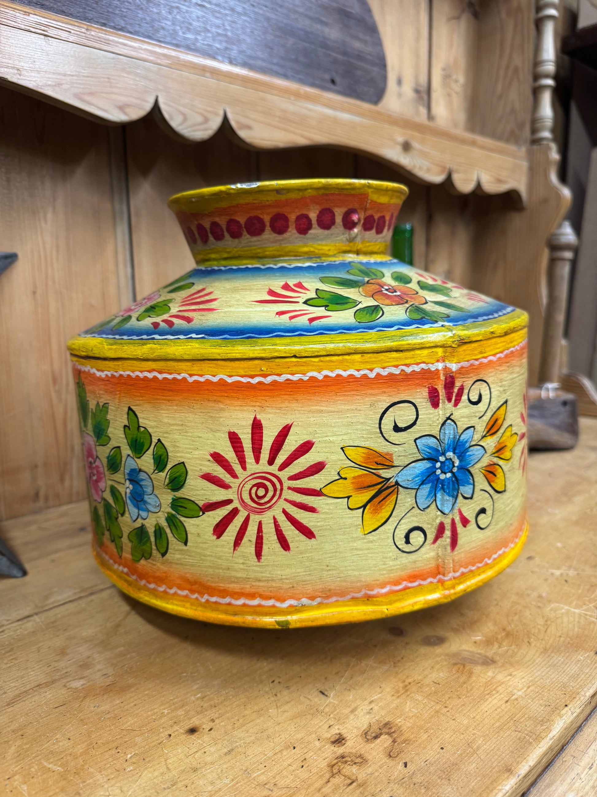 Vintage Painted Indian Water Pot Handmade Metal Vase Rustic Decor