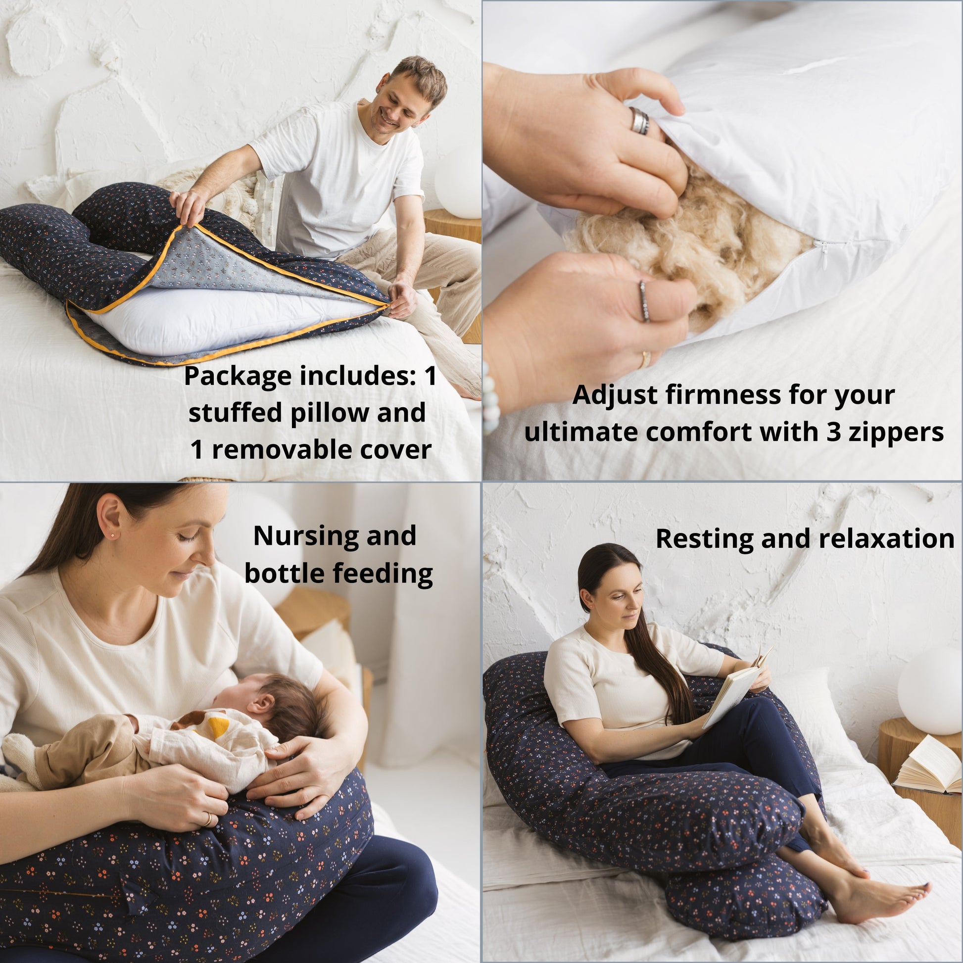 Navy Blue U Shaped Body Pillow with Organic Cotton Cover