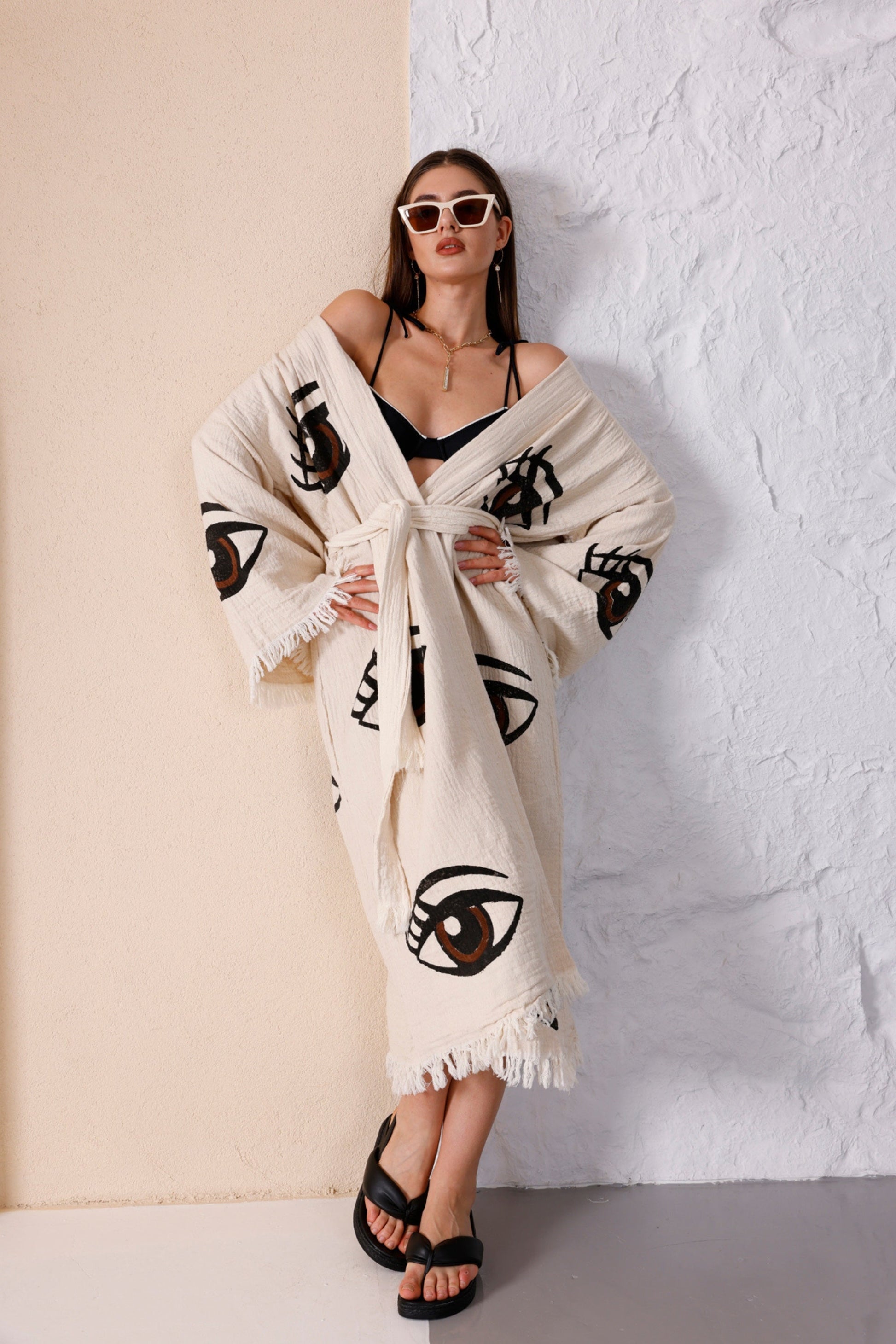 Organic Cotton Cream Kimono with Hand Painted Lucky Eye