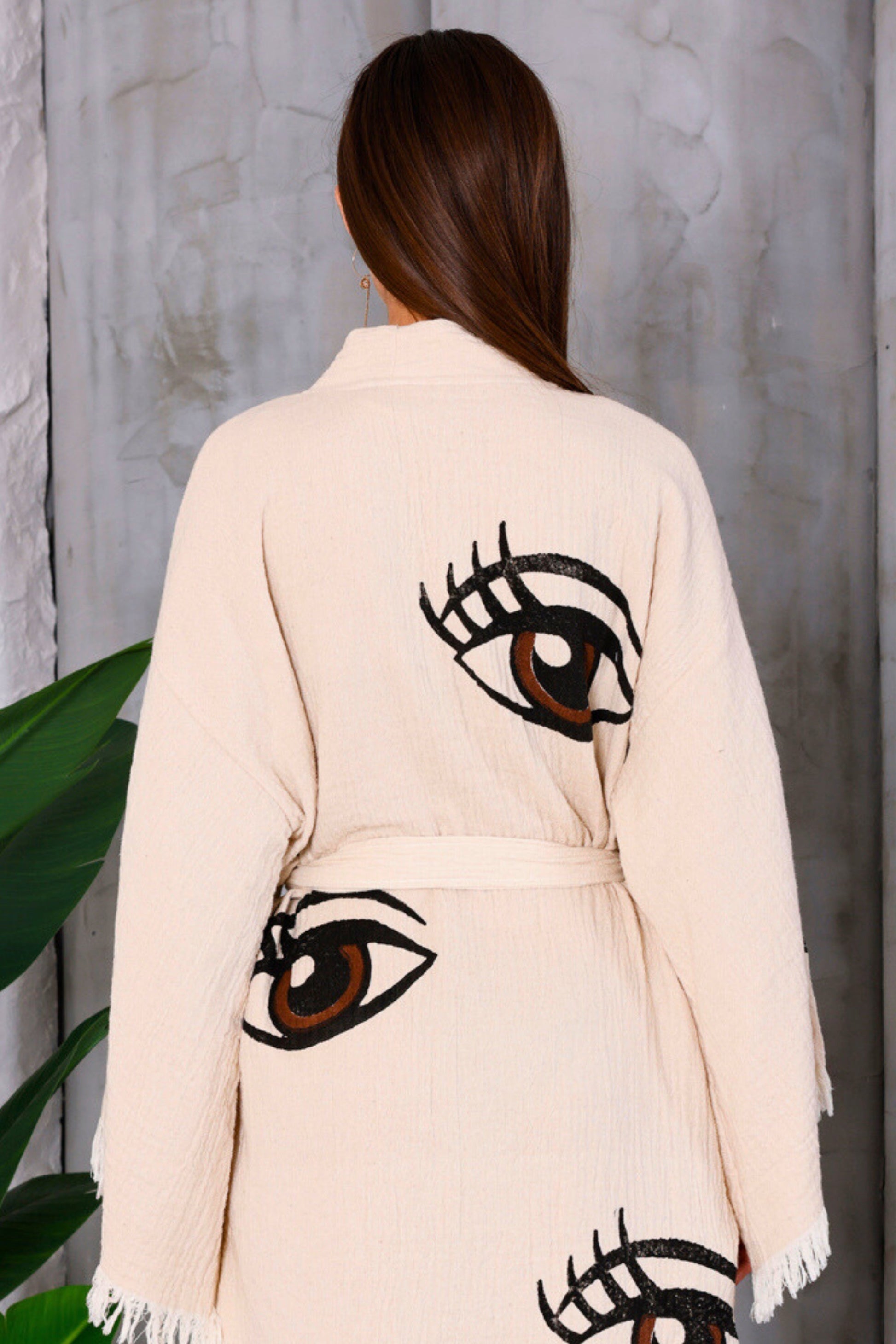 Organic Cotton Cream Kimono with Hand Painted Lucky Eye