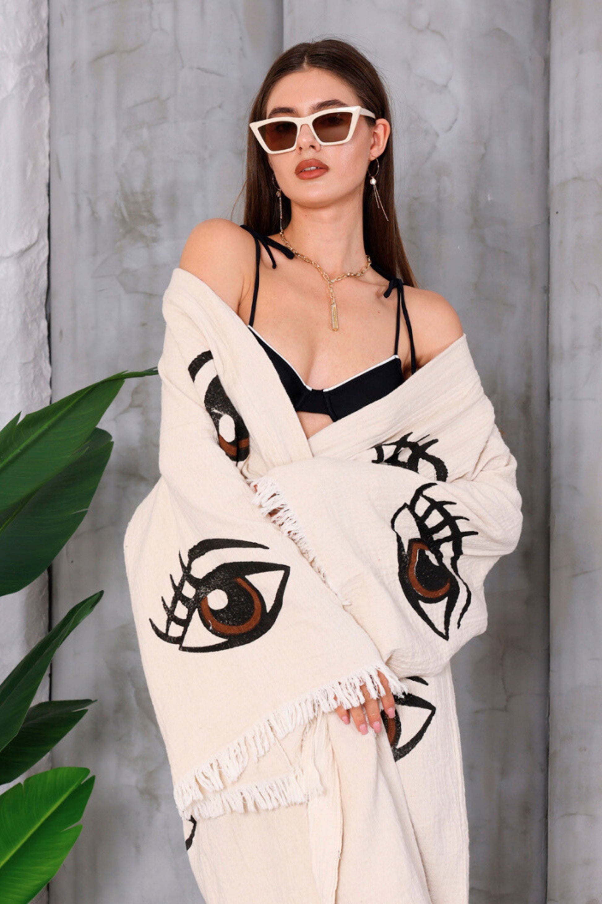 Organic Cotton Cream Kimono with Hand Painted Lucky Eye