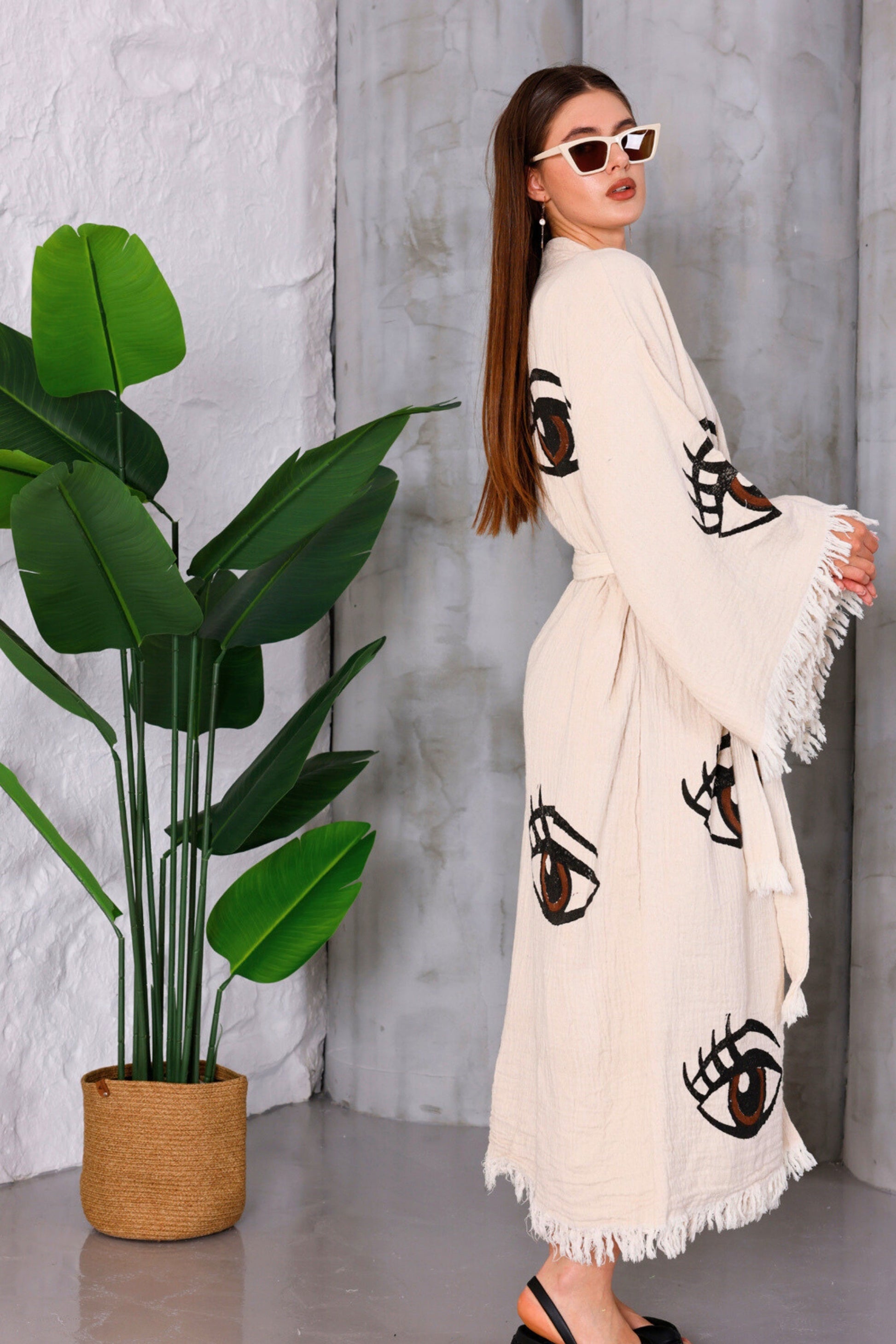 Organic Cotton Cream Kimono with Hand Painted Lucky Eye