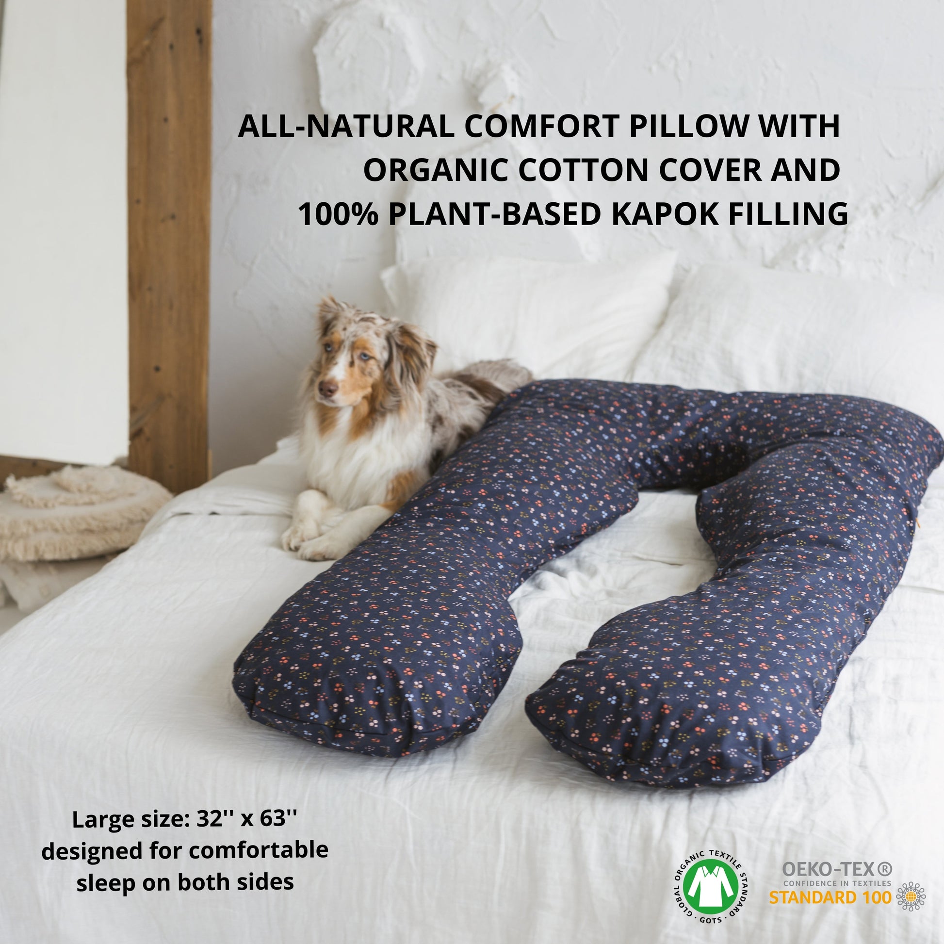 Navy Blue U Shaped Body Pillow with Organic Cotton Cover