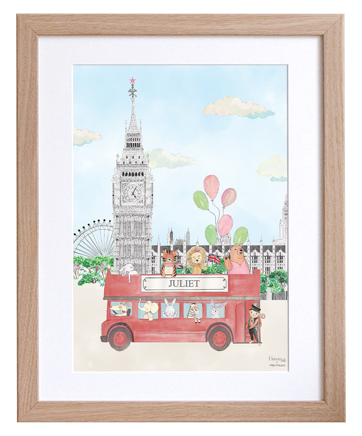 Animals and Big Ben Print for Girls Personalised Nursery Art