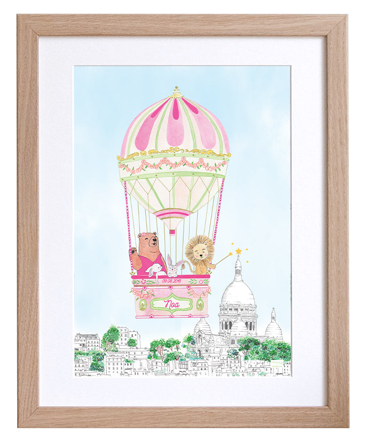Personalised Hot Air Balloon of Montmartre Wall Print for Girls