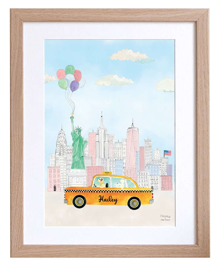 Personalised Yellow Taxi New York Print for Girls